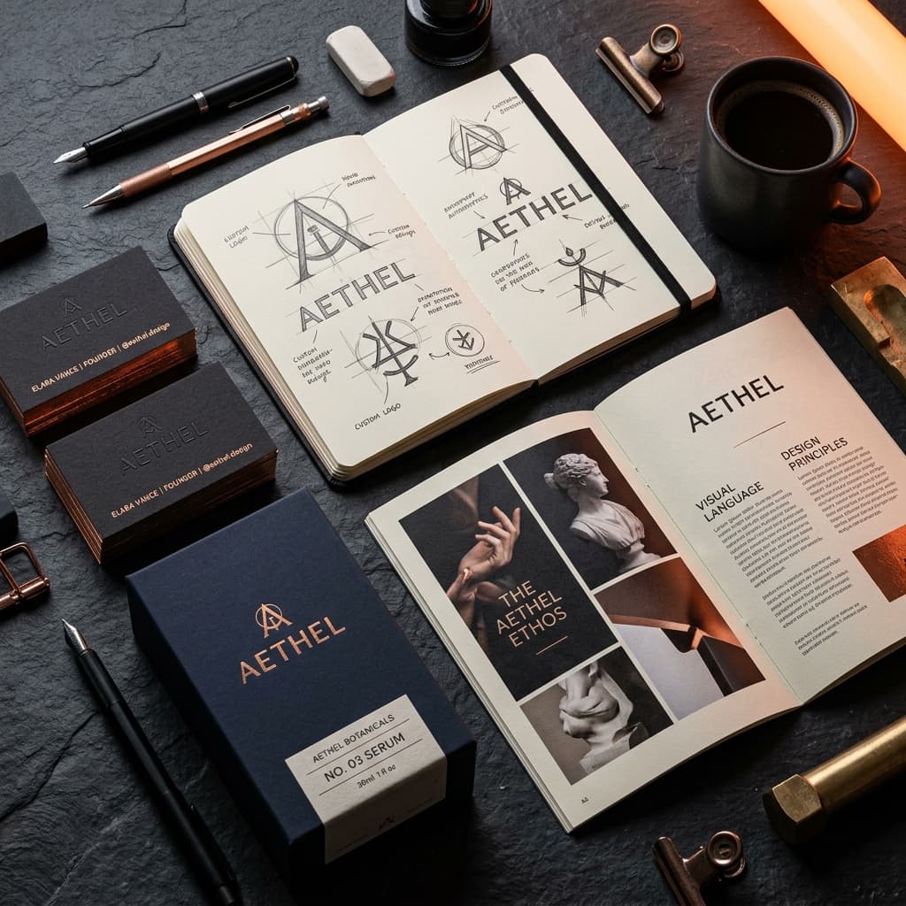 Premium branding design materials and corporate stationery flatlay